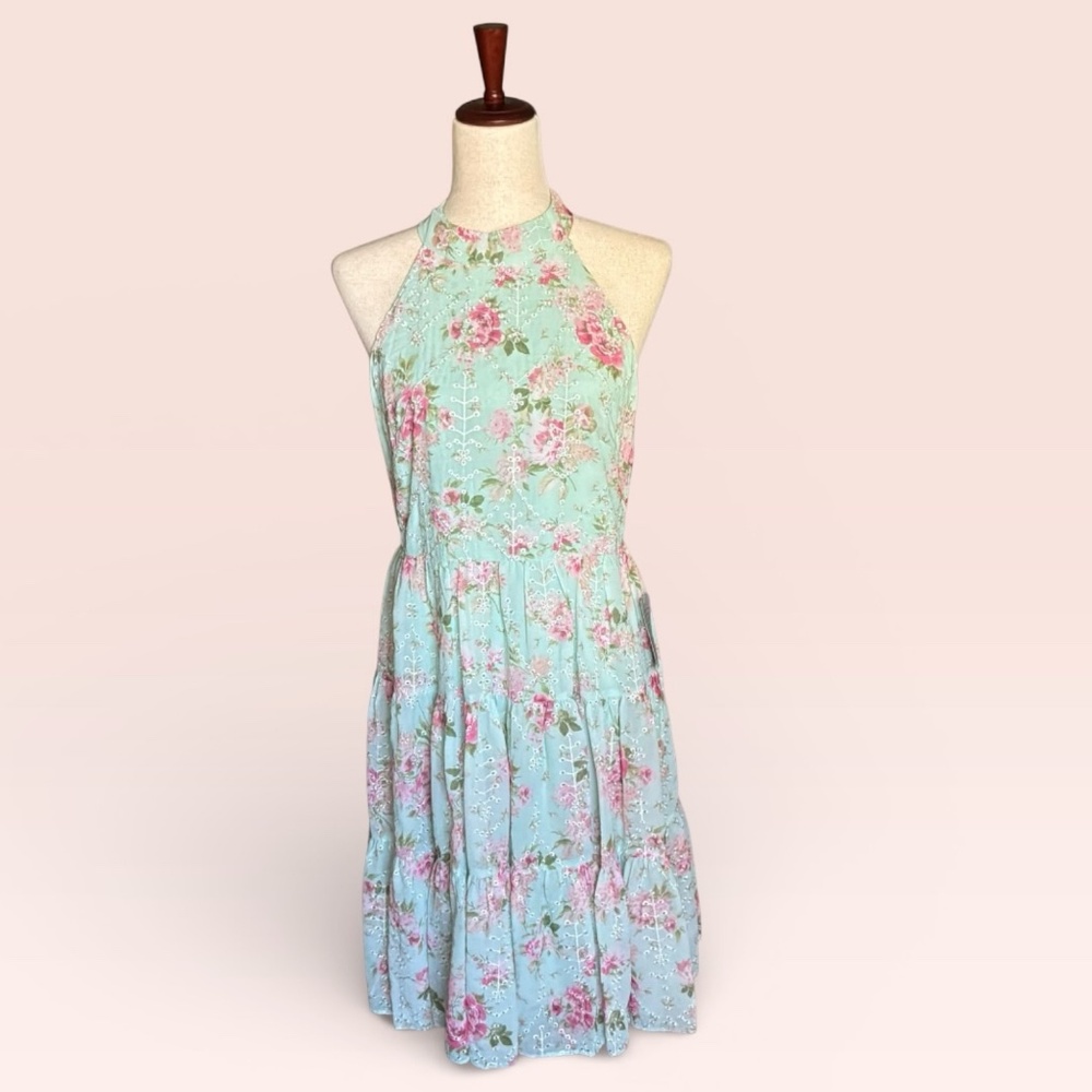 New Eliza J Dress Mint Green Floral Eyelet Halter Dress Size 8 - Picture 3 of 13